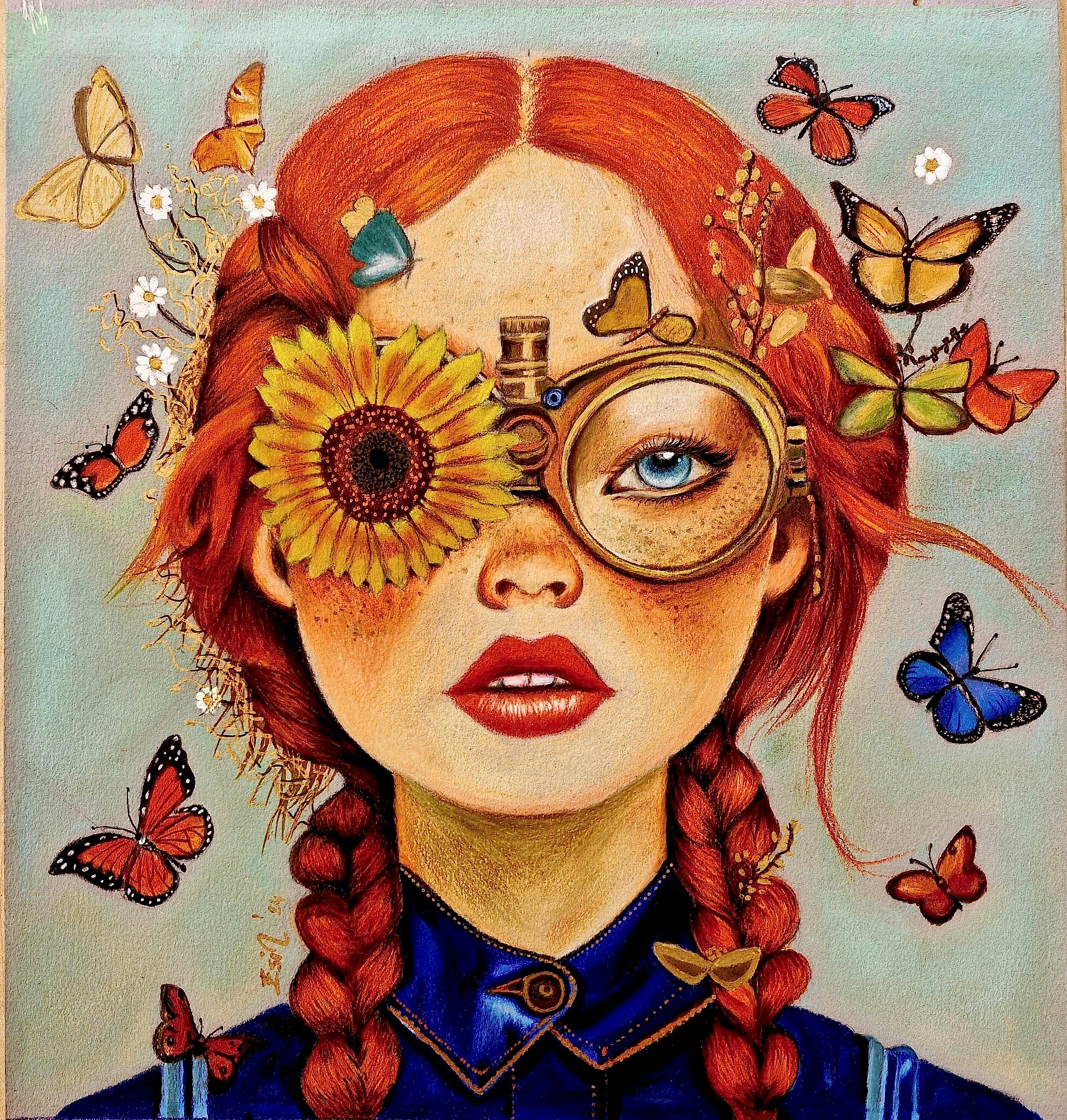 KURU KALEM VE SULU BOYA KELEBEKLİ KIZ