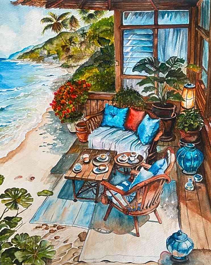 KURU KALEM SULU BOYA SAHİL KENARI EV